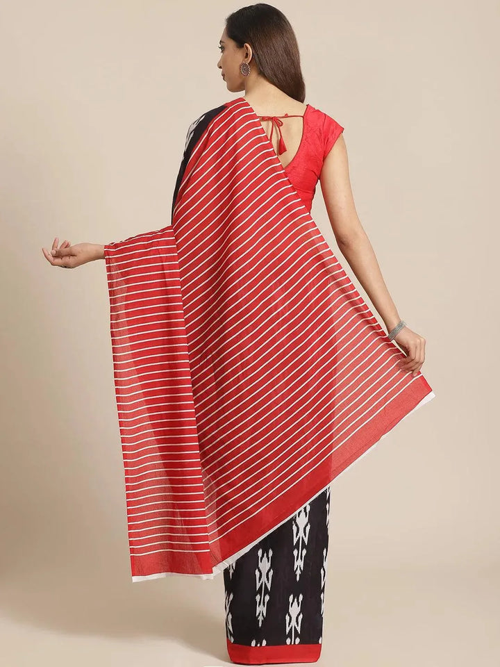 Black Printed Cotton Saree - Libas