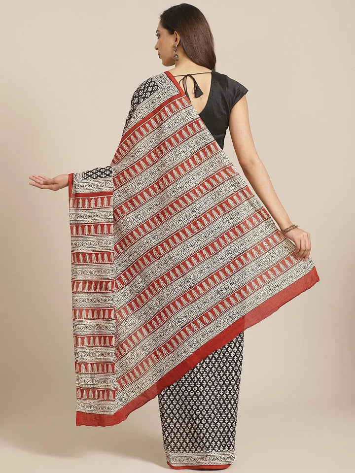 Black Printed Cotton Saree - Libas