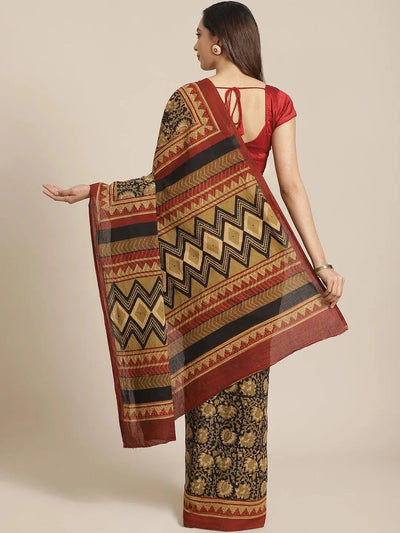 Black Printed Cotton Saree - Libas