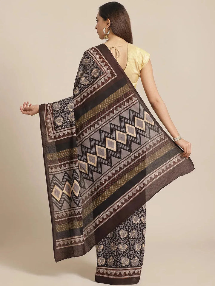 Black Printed Cotton Saree - Libas