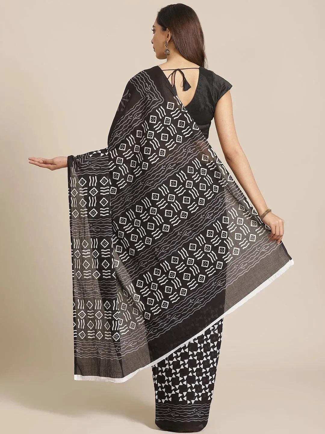 Black Printed Cotton Saree - Libas 
