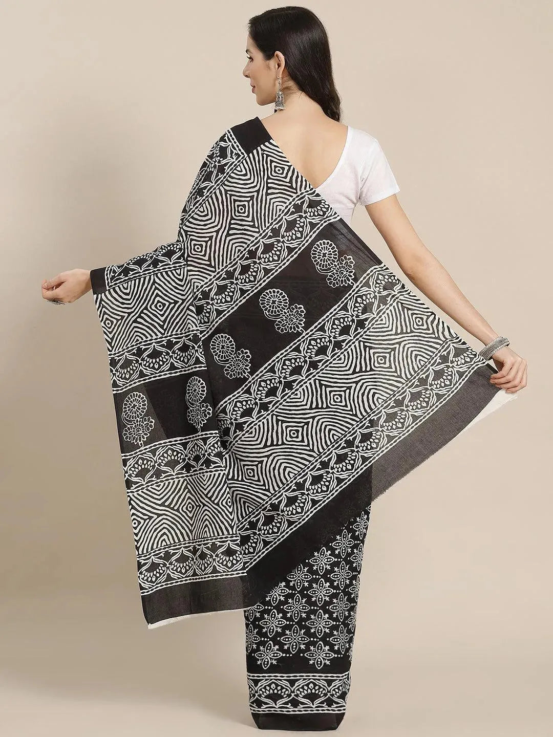 Black Printed Cotton Saree - Libas 