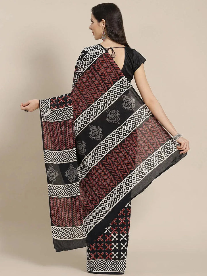 Black Printed Cotton Saree - Libas