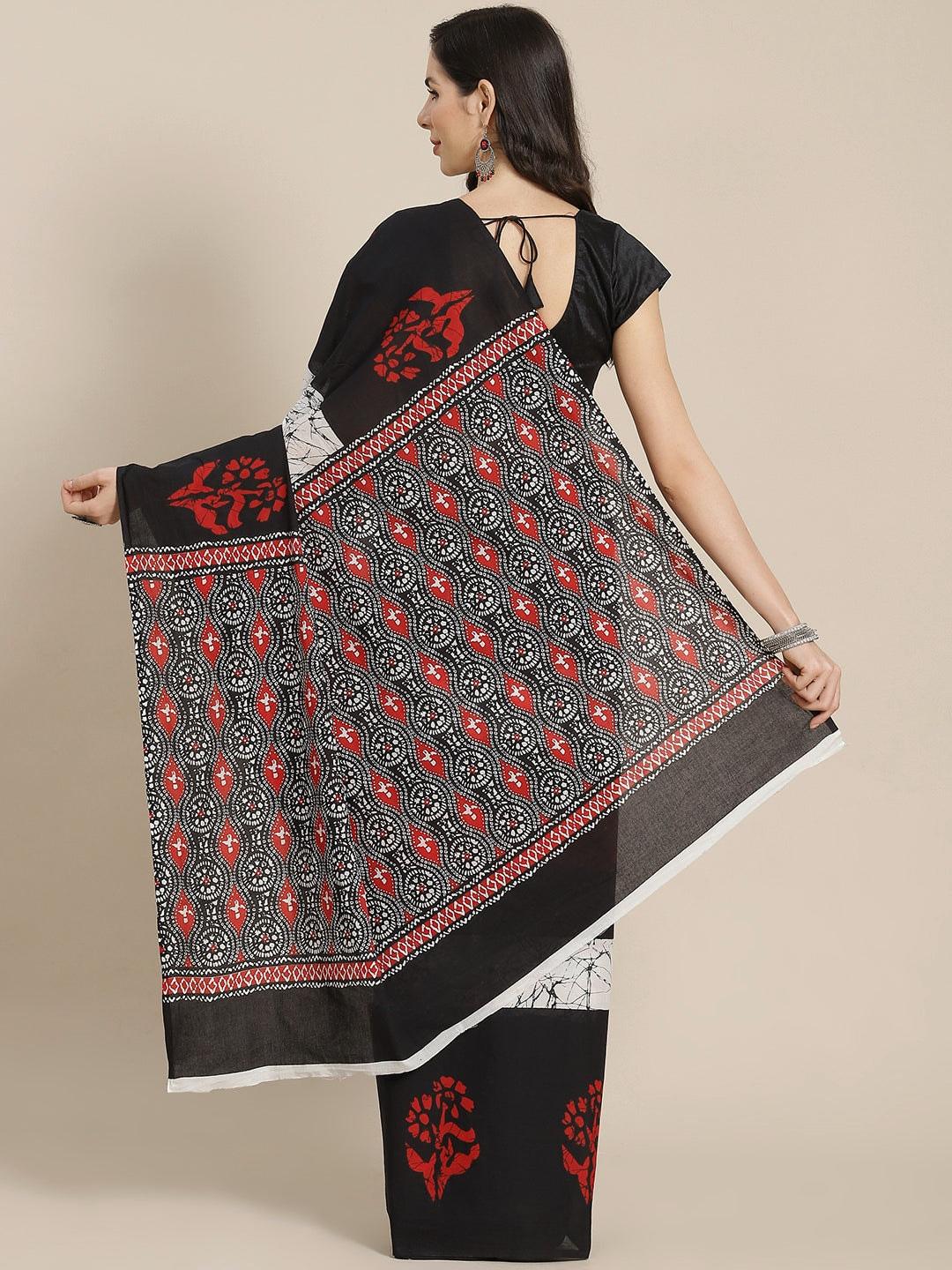 Black Printed Cotton Saree - Libas