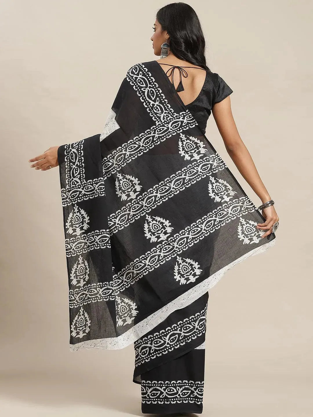 Black Printed Cotton Saree - Libas 