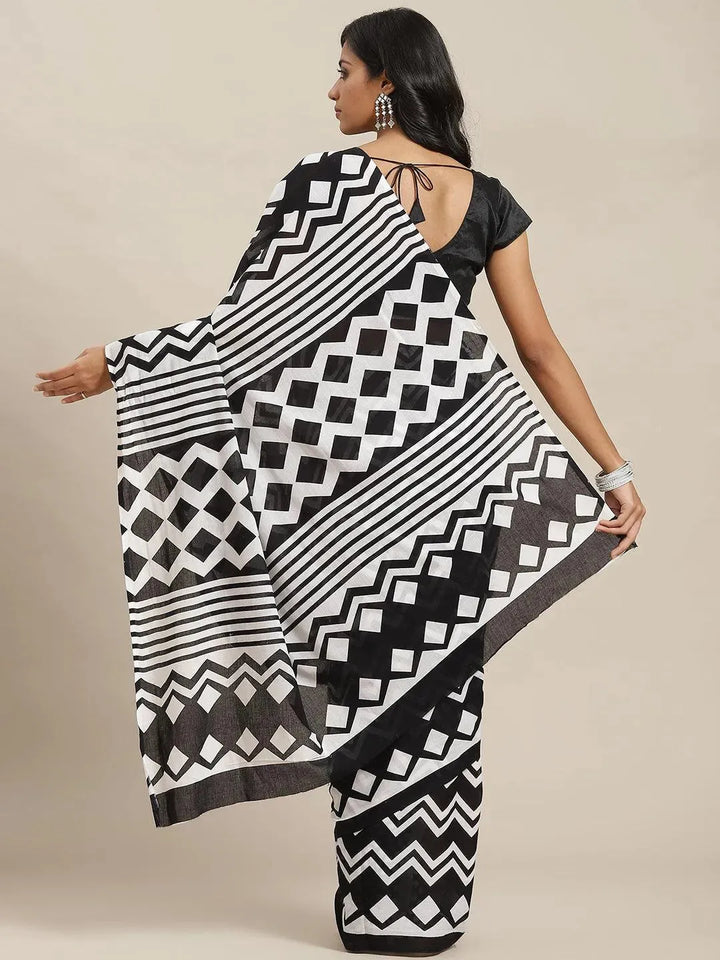 Black Printed Cotton Saree - Libas