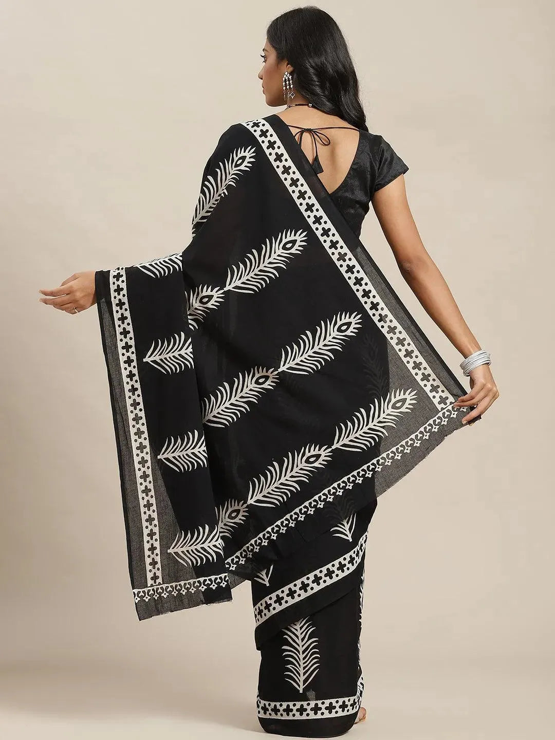 Black Printed Cotton Saree - Libas