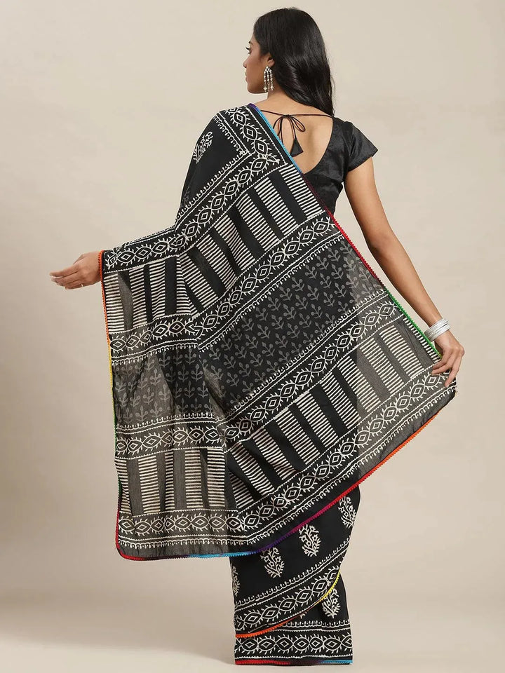 Black Printed Cotton Saree - Libas