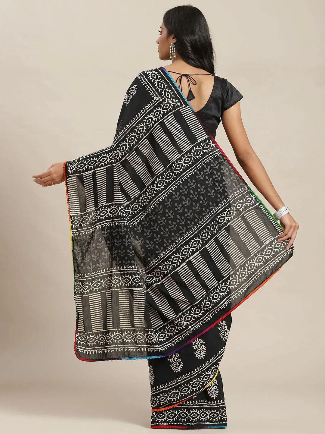 

Buy Black Printed Cotton Saree - 14727 | Libas Ethnic Wear Online