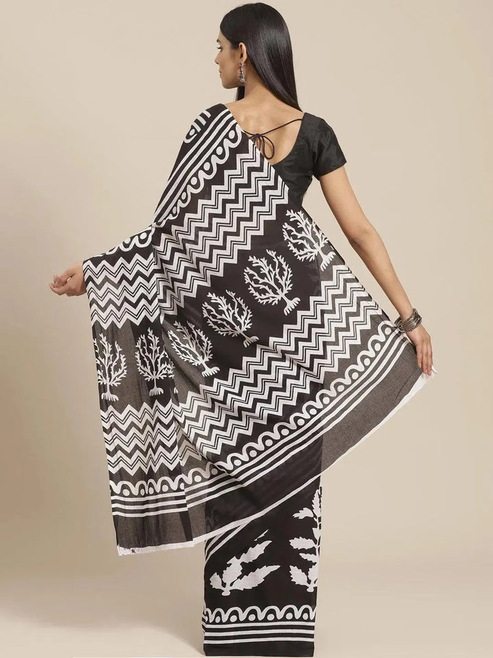 Black Printed Cotton Saree - Libas