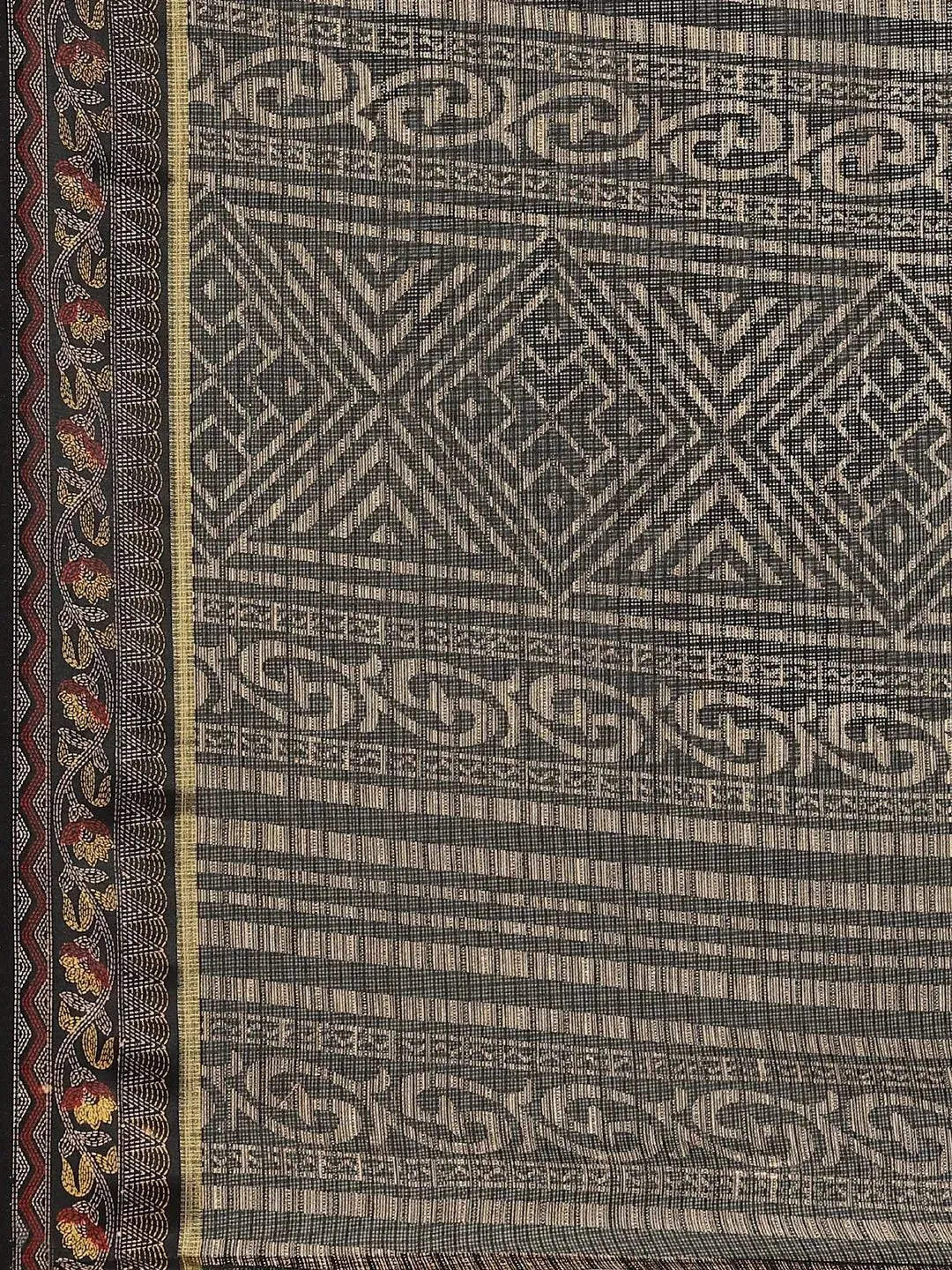 Black Printed Cotton Saree - Libas 