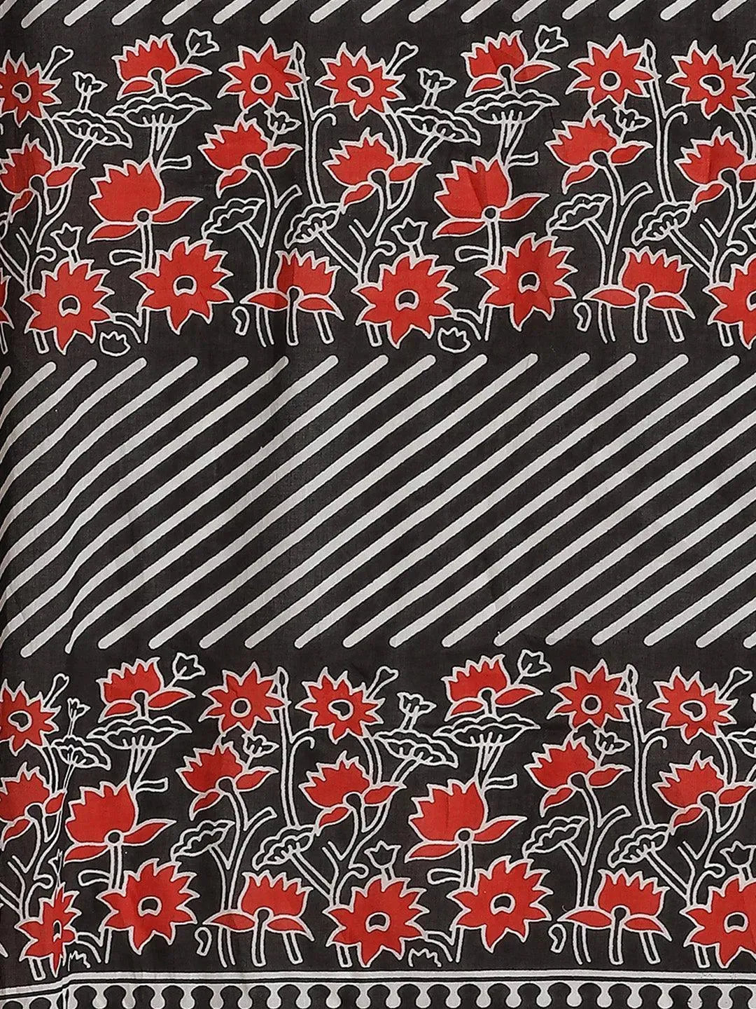 Black Printed Cotton Saree - Libas 