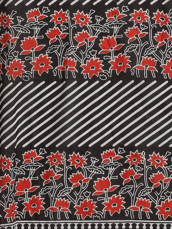 Black Printed Cotton Saree - Libas