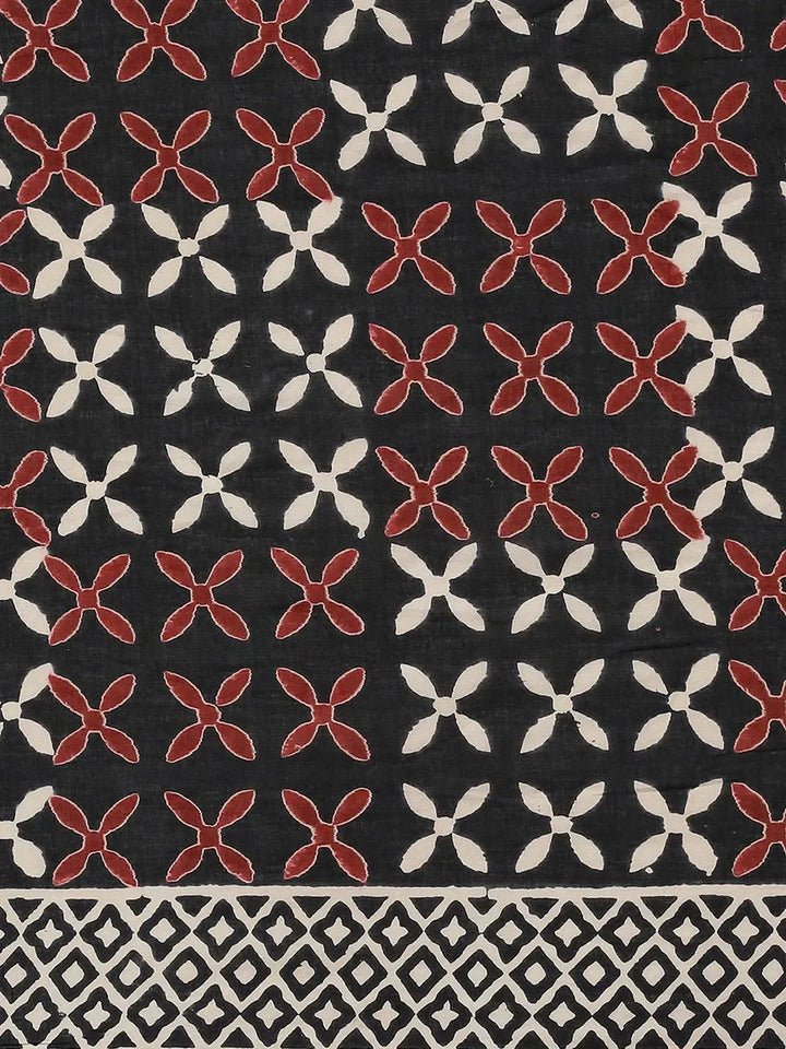 Black Printed Cotton Saree - Libas