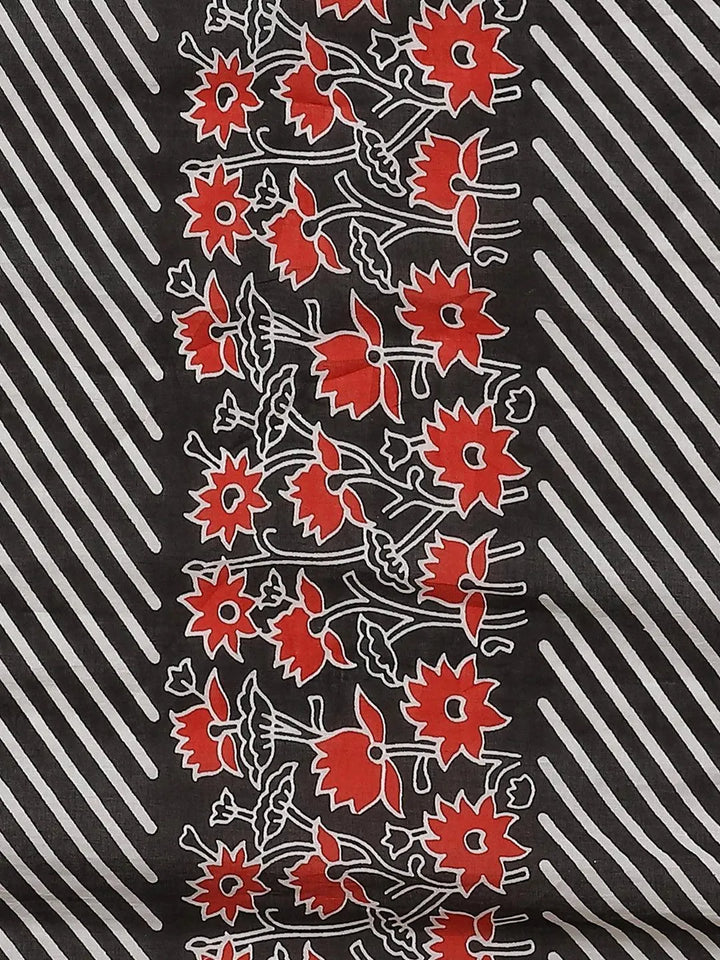 Black Printed Cotton Saree - Libas