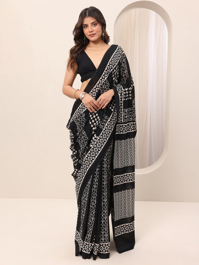 Libas Black Printed Cotton Saree With Unstitched Blouse