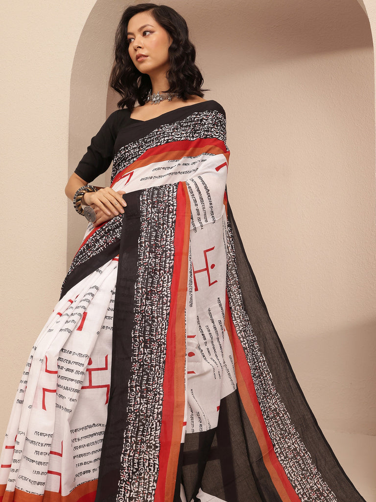 Libas Black Printed Cotton Saree With Unstitched Blouse Piece