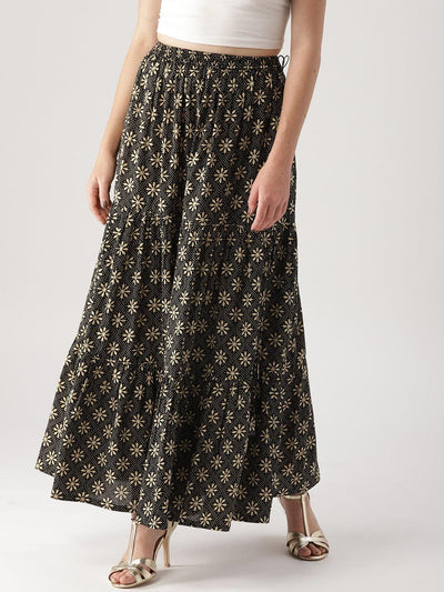Black Printed Cotton Skirt - Libas
