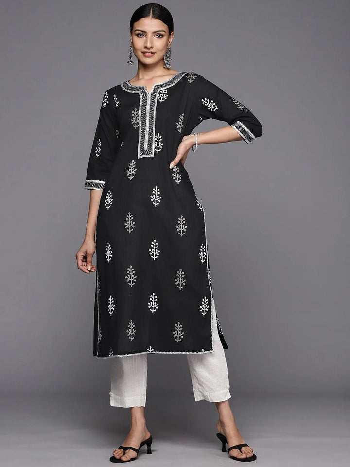 Black Printed Cotton Straight Kurta - Libas