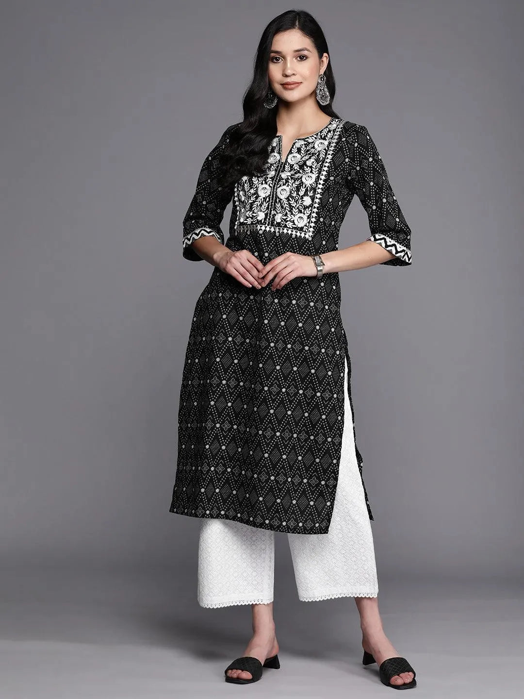 Black Printed Cotton Straight Kurta