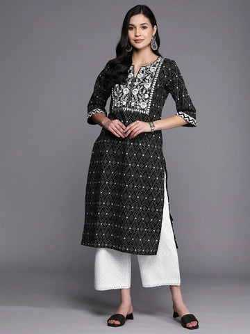 Black Printed Cotton Straight Kurta