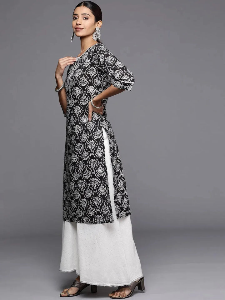 Black Printed Cotton Straight Kurta - Libas