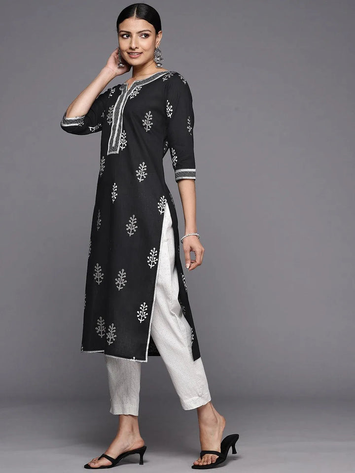 Black Printed Cotton Straight Kurta - Libas