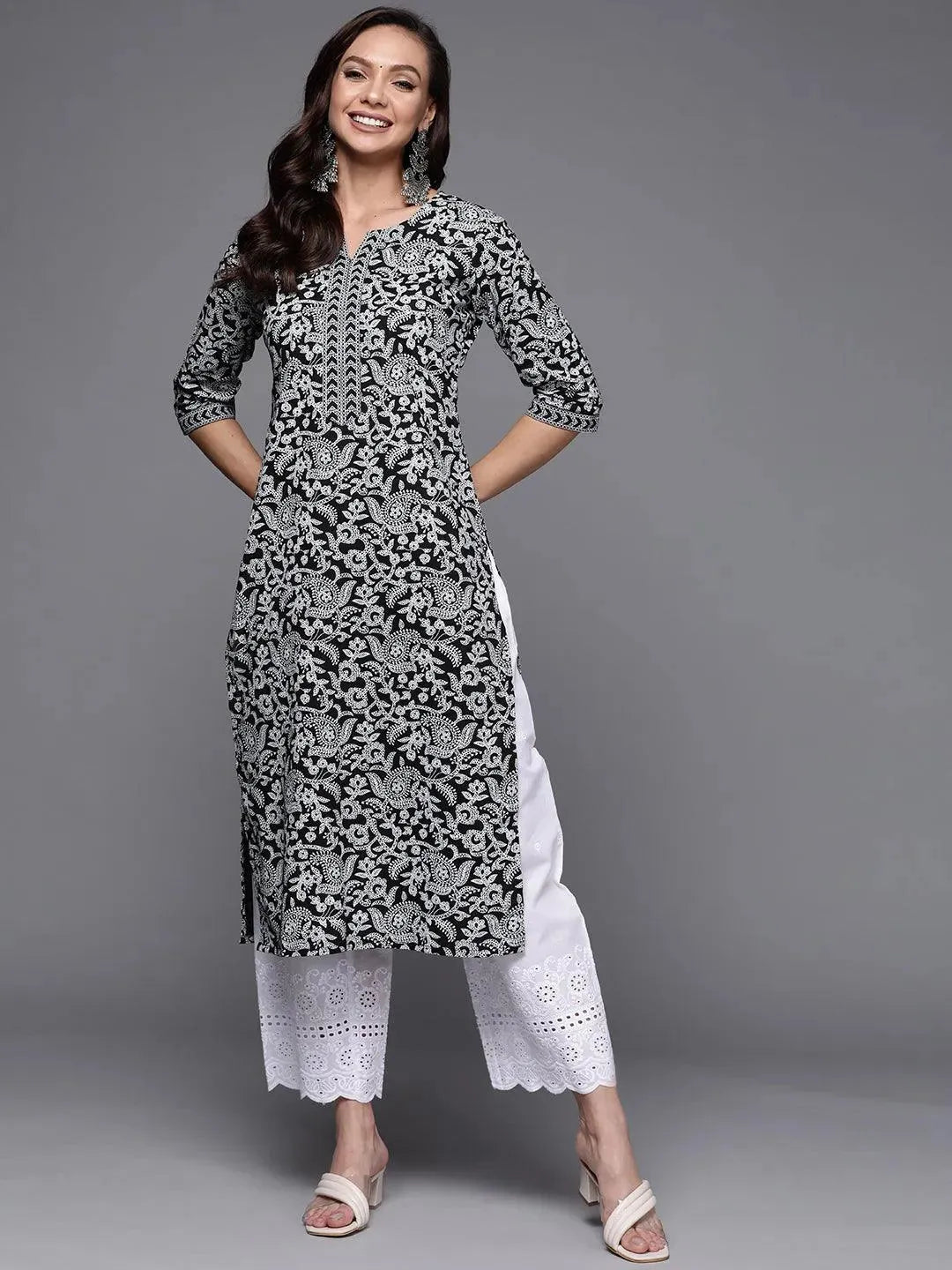 Black Printed Cotton Straight Kurta - Libas 