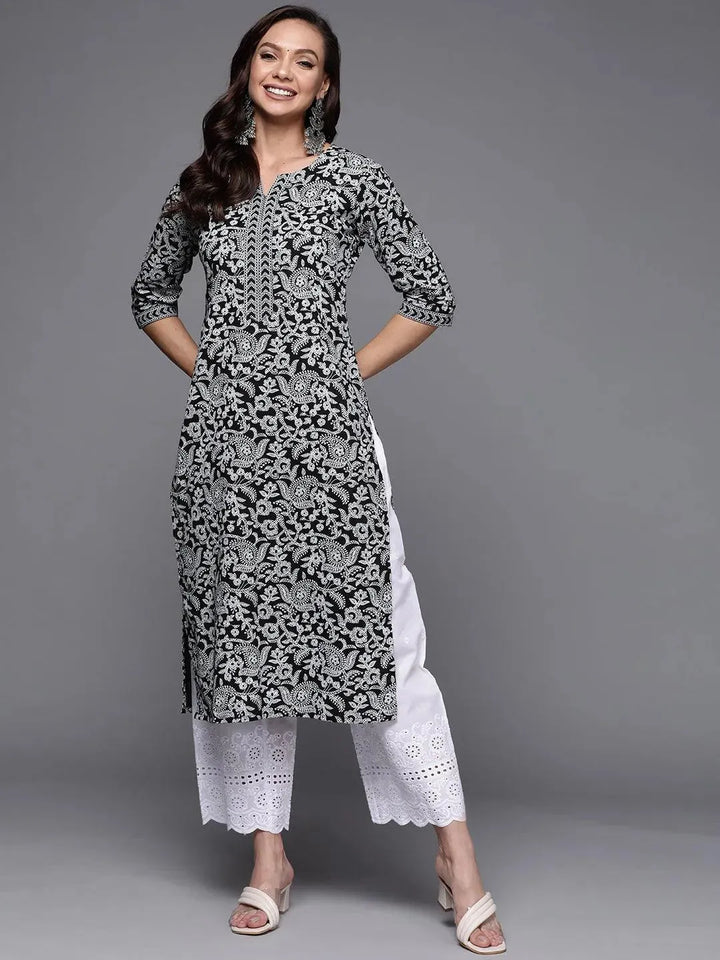 Black Printed Cotton Straight Kurta - Libas