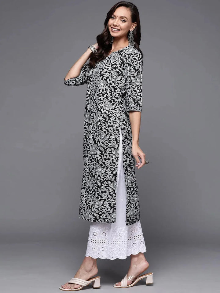 Black Printed Cotton Straight Kurta - Libas