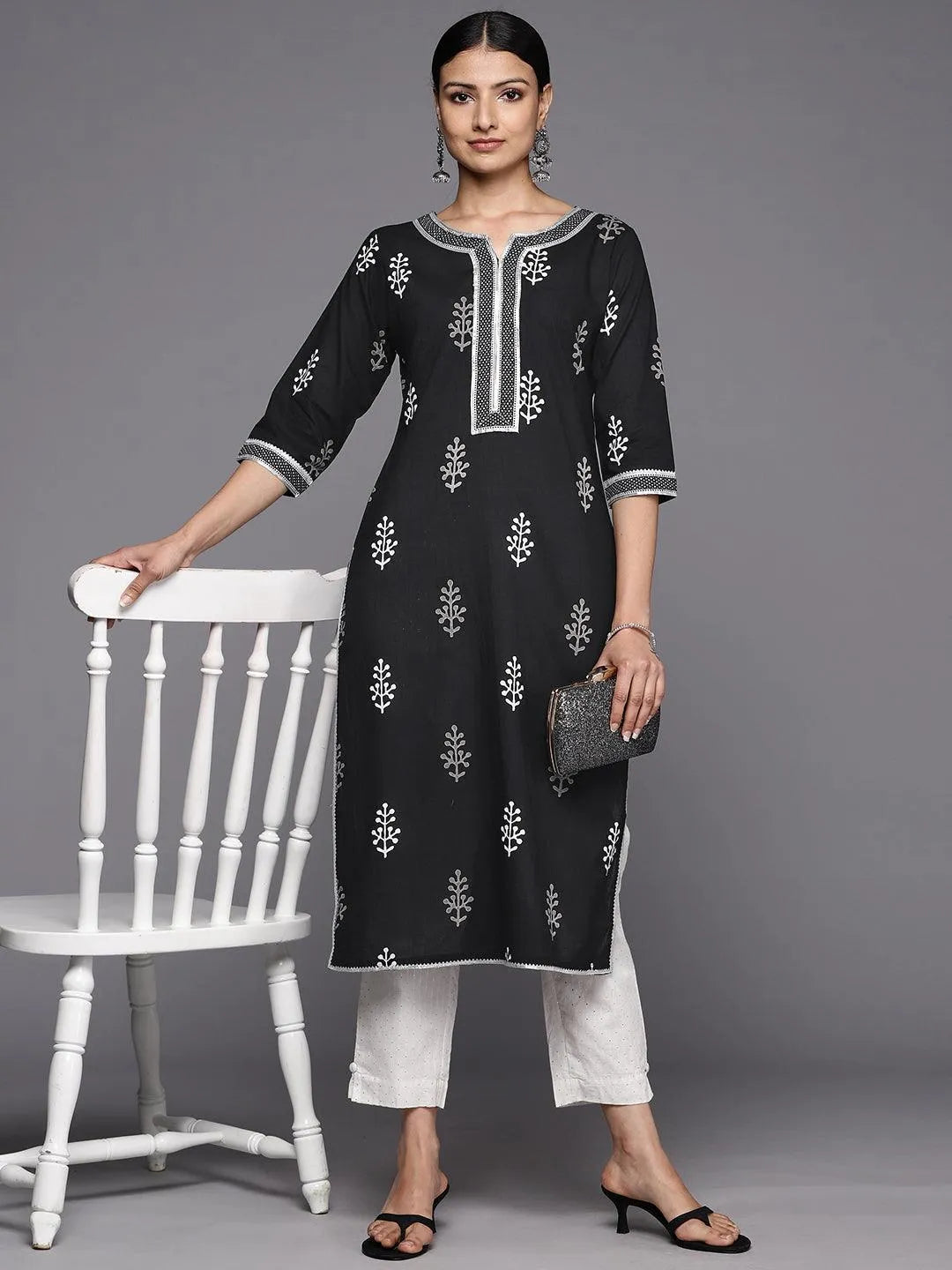 Black Printed Cotton Straight Kurta - Libas