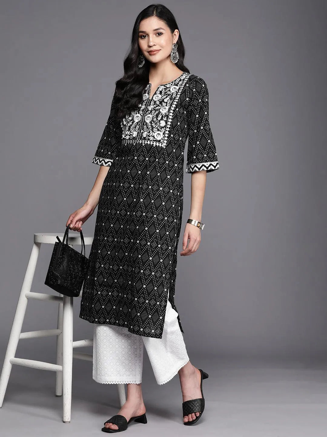 Black Printed Cotton Straight Kurta - Libas