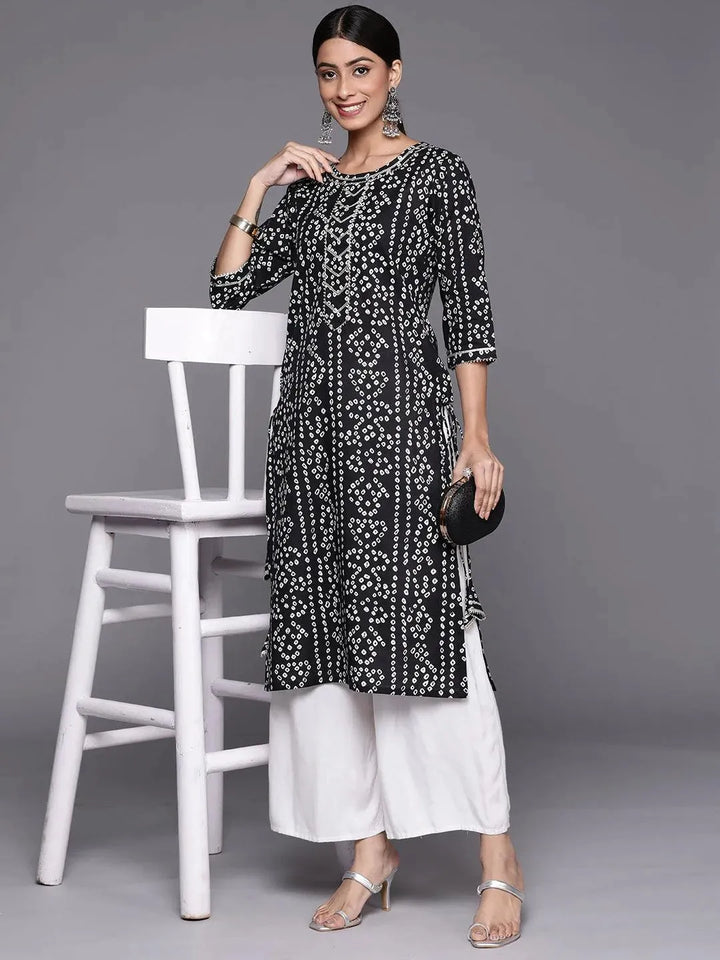 Black Printed Cotton Straight Kurta - Libas