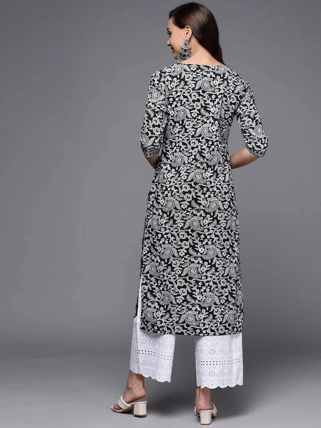 Black Printed Cotton Straight Kurta - Libas 