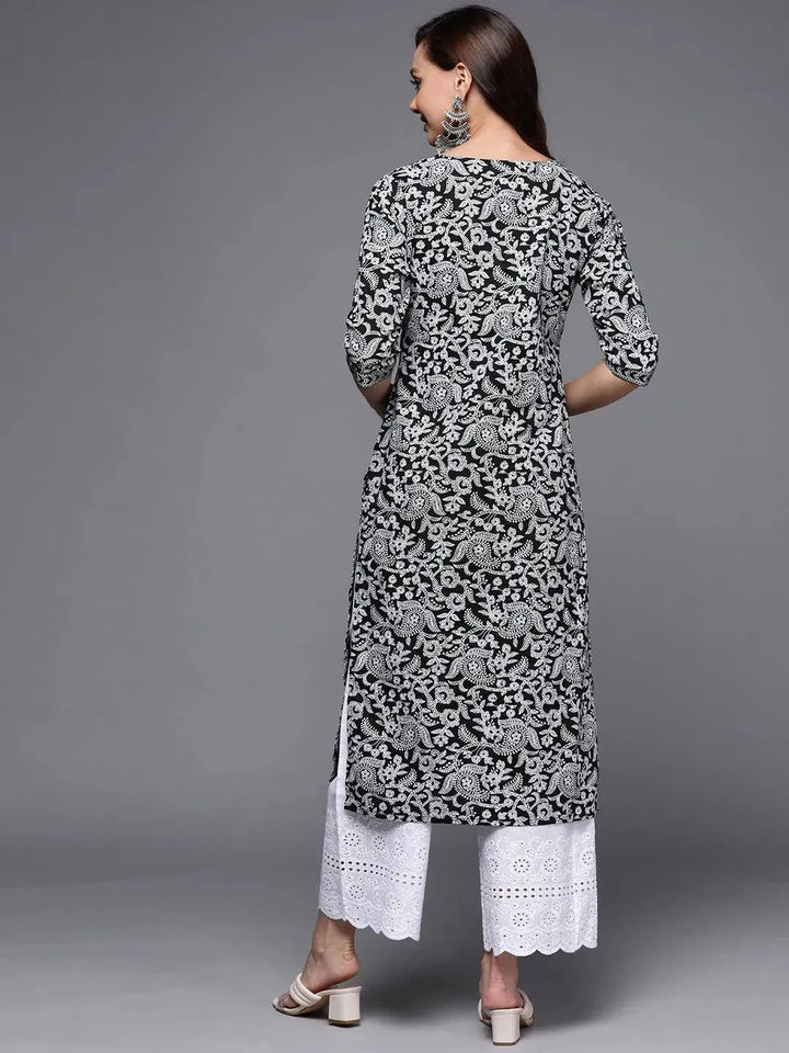 Black Printed Cotton Straight Kurta - Libas