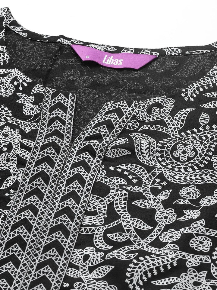 Black Printed Cotton Straight Kurta - Libas