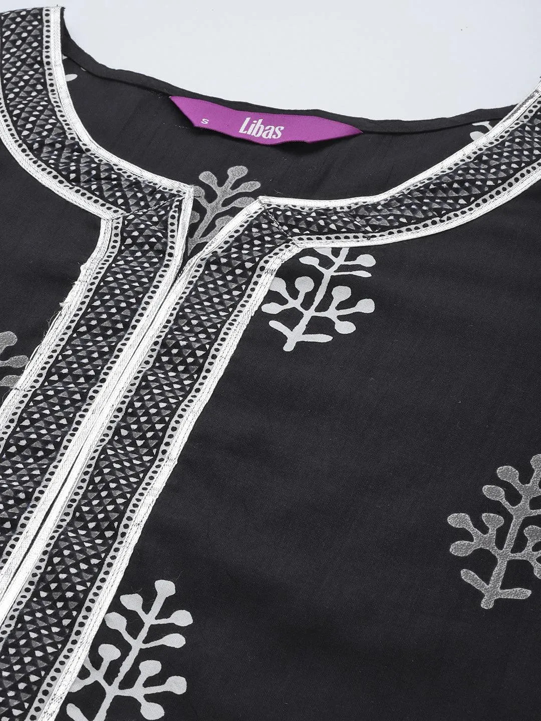 Black Printed Cotton Straight Kurta - Libas