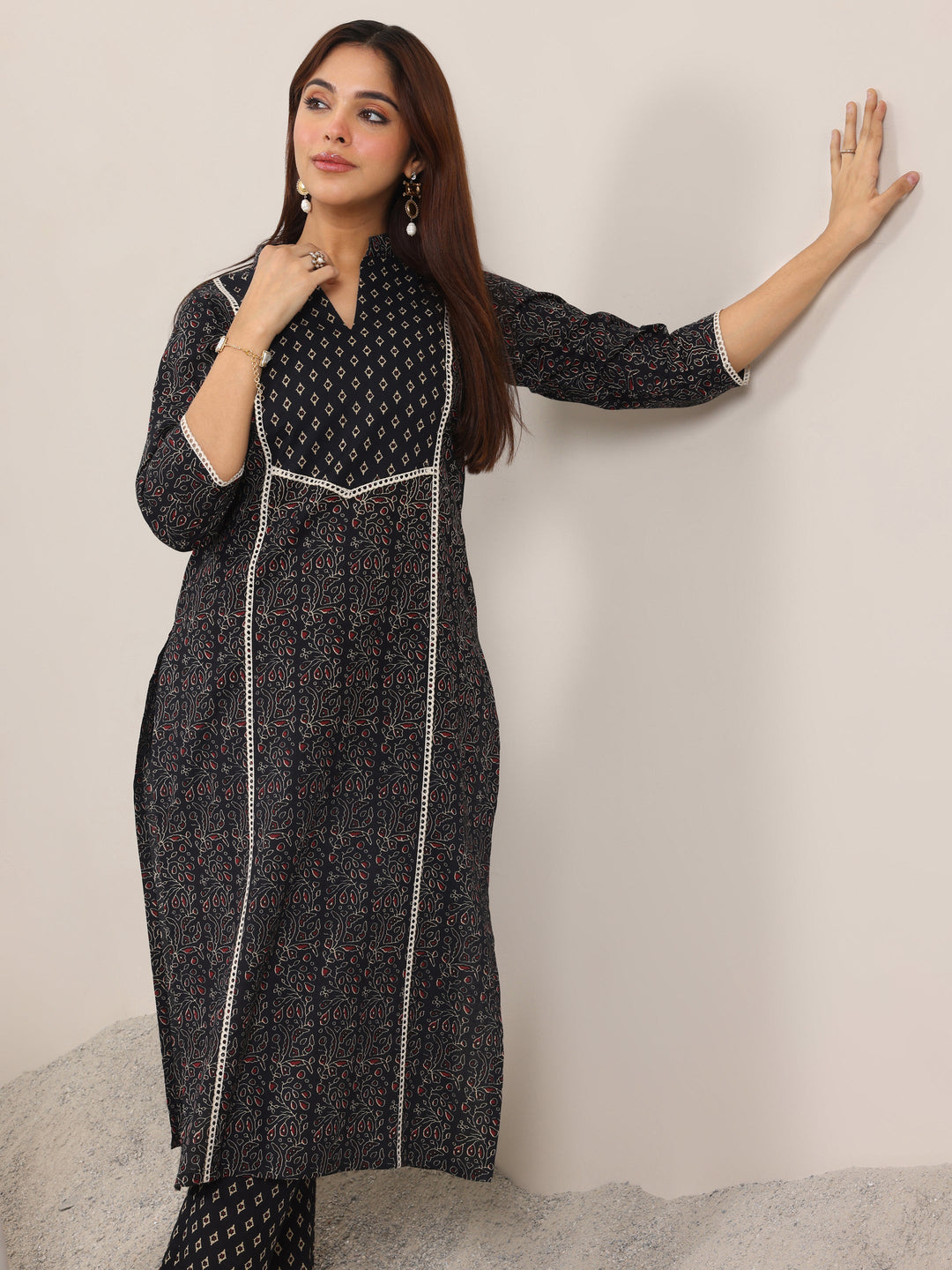  Black Printed Cotton Straight Kurta Set 
