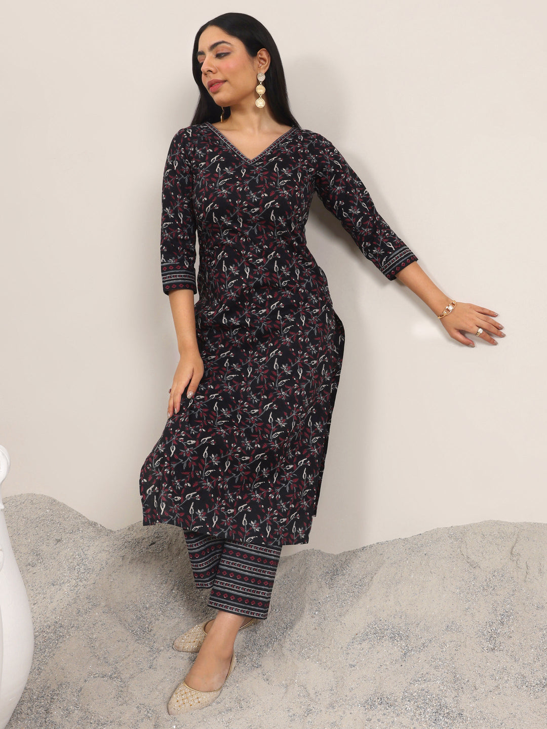  Black Printed Cotton Straight Kurta Set 