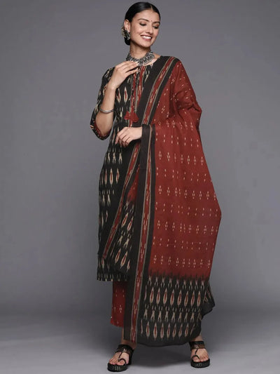 Black Printed Cotton Straight Suit Set - Libas