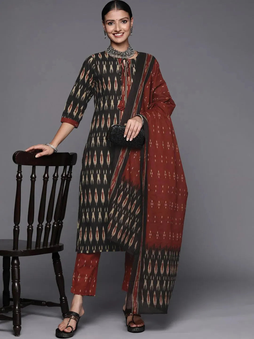 Black Printed Cotton Straight Suit Set - Libas