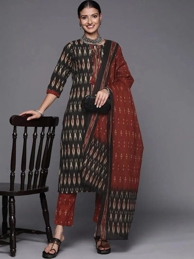 Black Printed Cotton Straight Suit Set - Libas