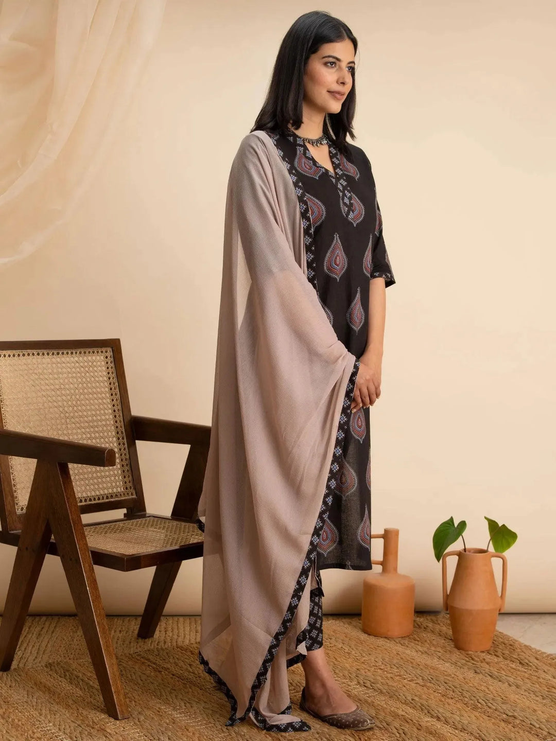 Black Printed Cotton Suit Set - Libas