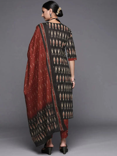 Black Printed Cotton Straight Suit Set - Libas