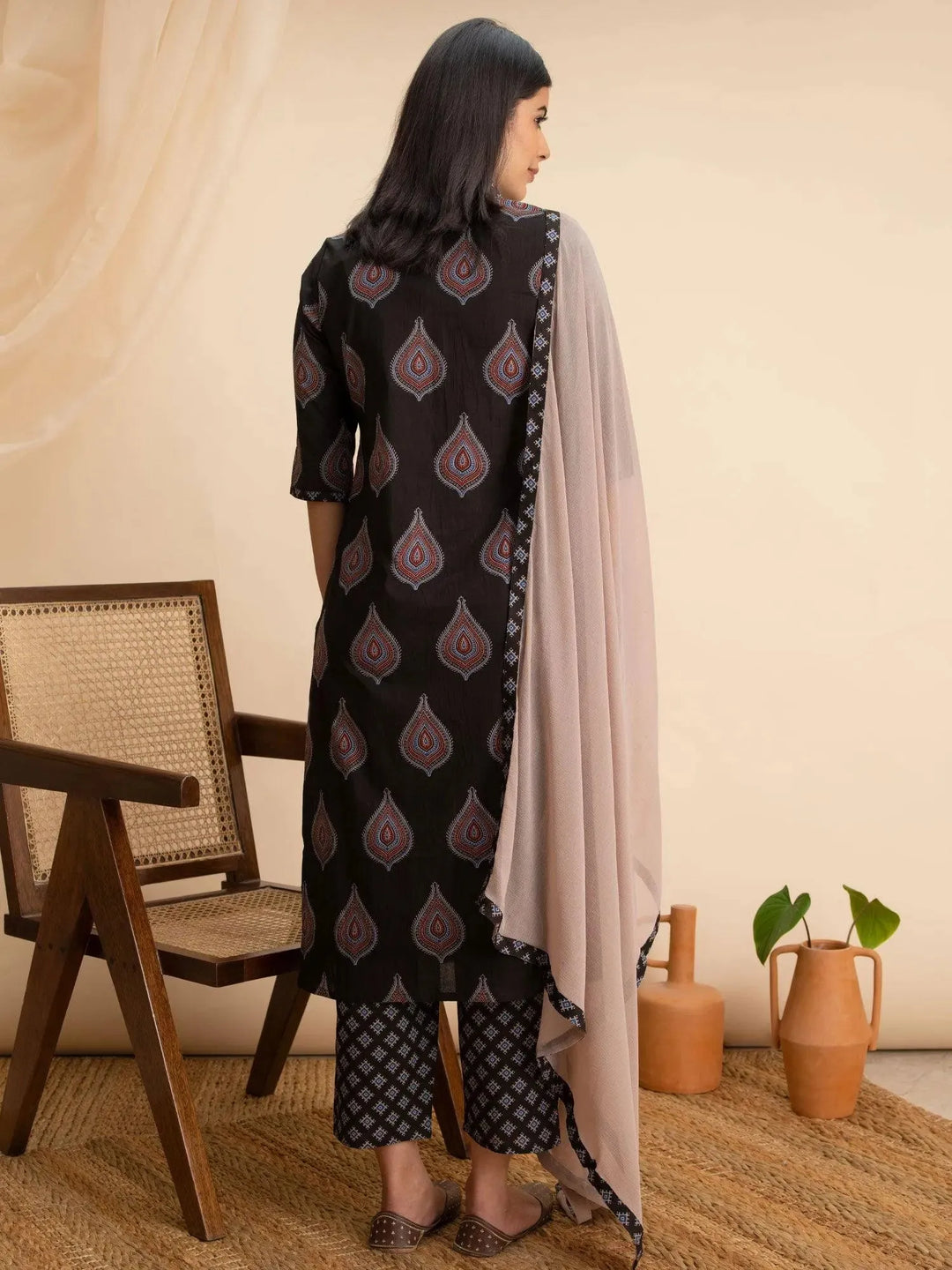Black Printed Cotton Suit Set - Libas 