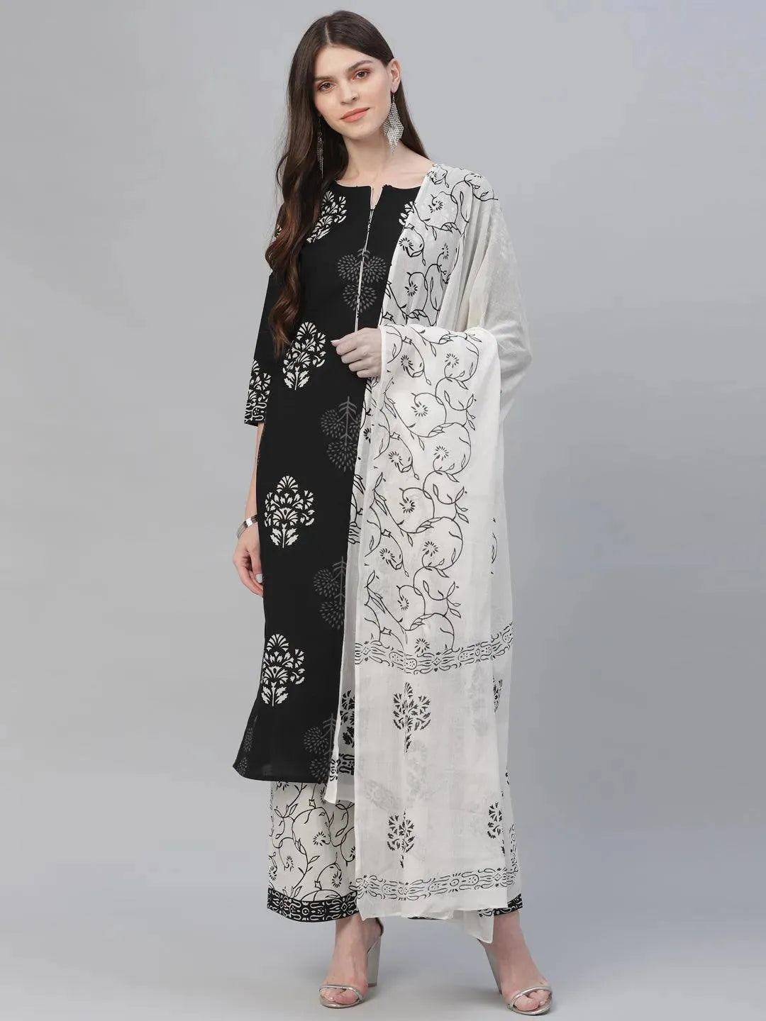 Black Printed Cotton Suit Set - Libas