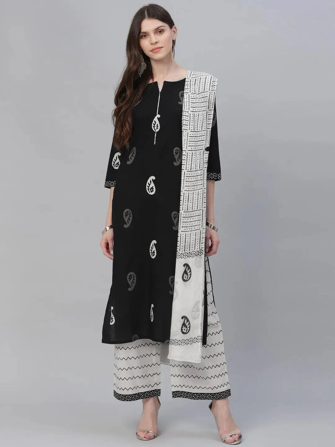 Black Printed Cotton Suit Set - Libas