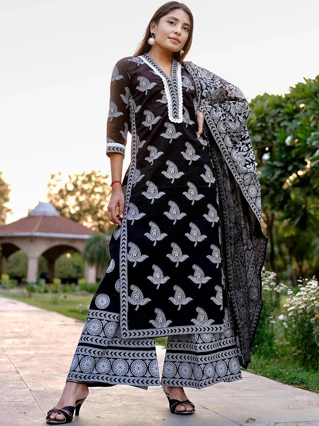 Black Printed Cotton Suit Set - Libas