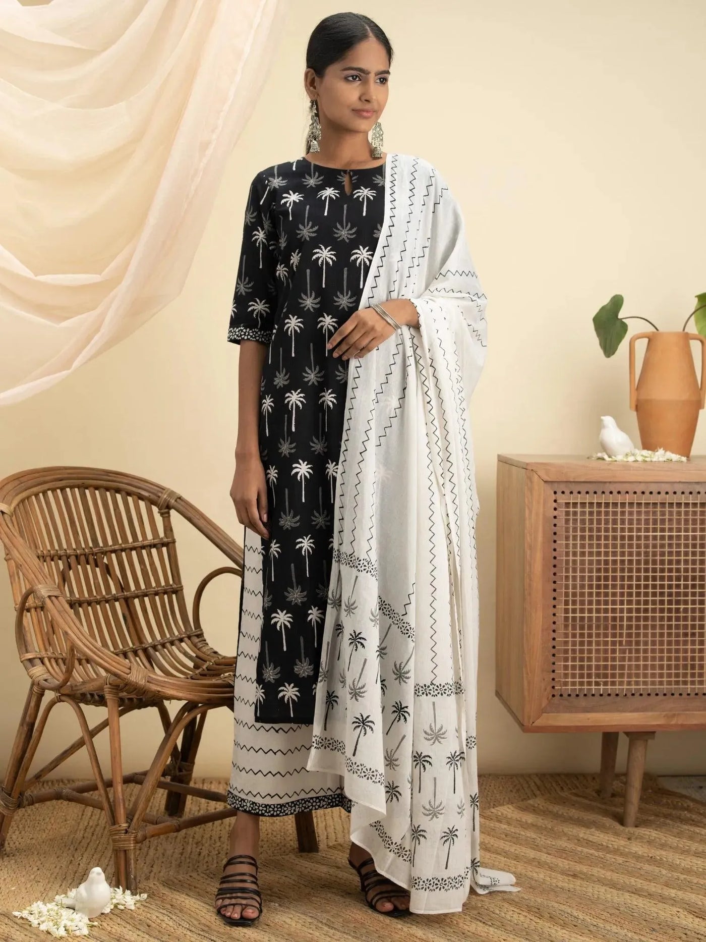 Black Printed Cotton Suit Set - Libas