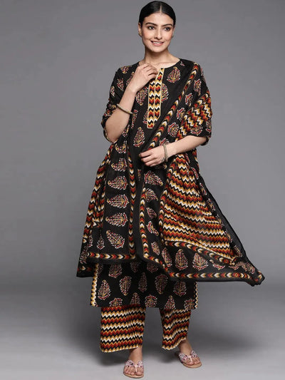 Black Printed Cotton Suit Set - Libas